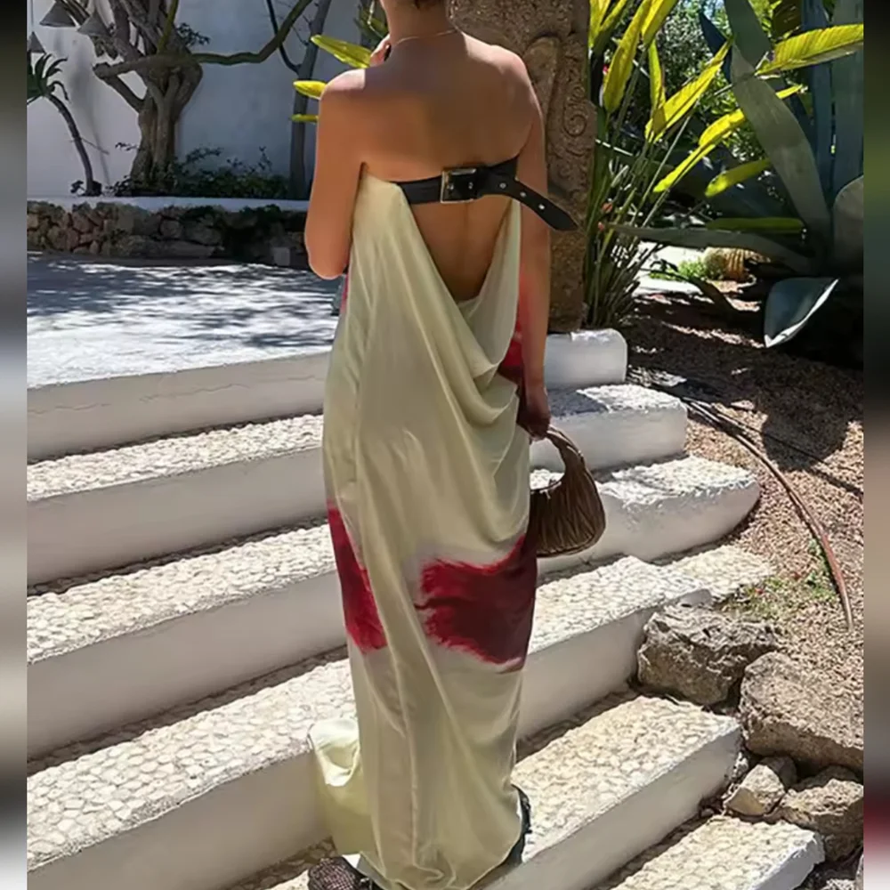 Sexy Strapless Print Floral Belt Women Maxi Dress Yellow Backless Vacation - Picture 6 of 9